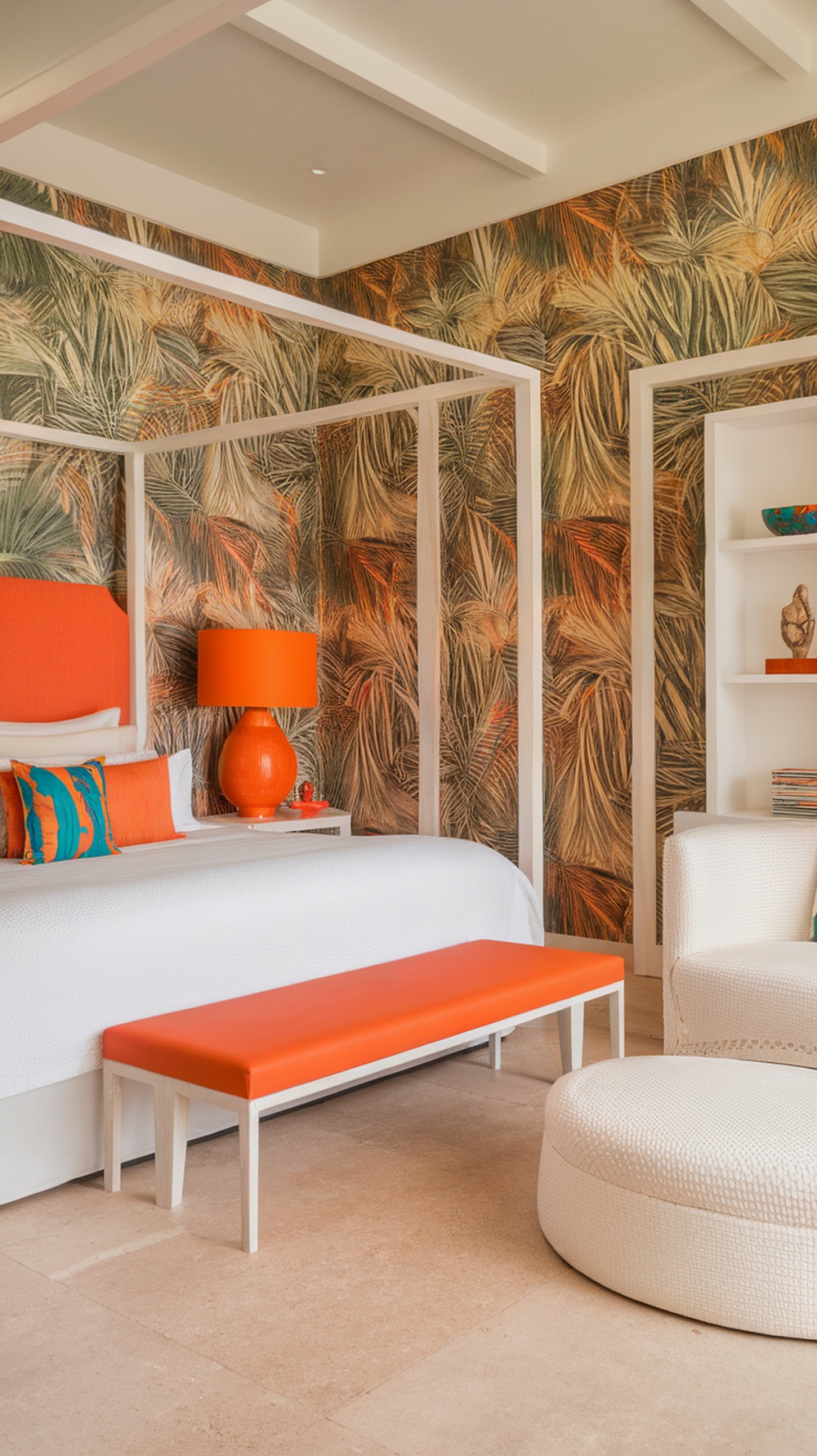 A colorful bedroom featuring palm leaf wallpaper, orange accents, and stylish furniture.