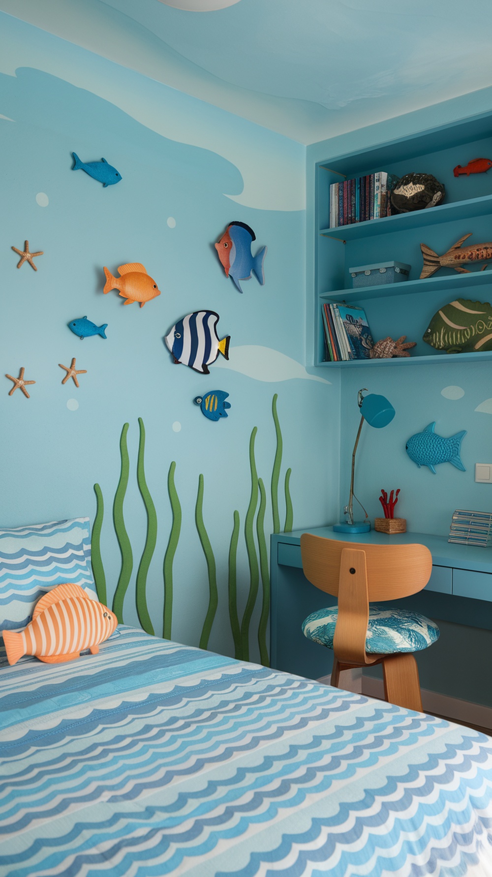 A colorful teen girl bedroom with an under the sea theme, featuring blue walls, fish decorations, and a wave-patterned bedspread.
