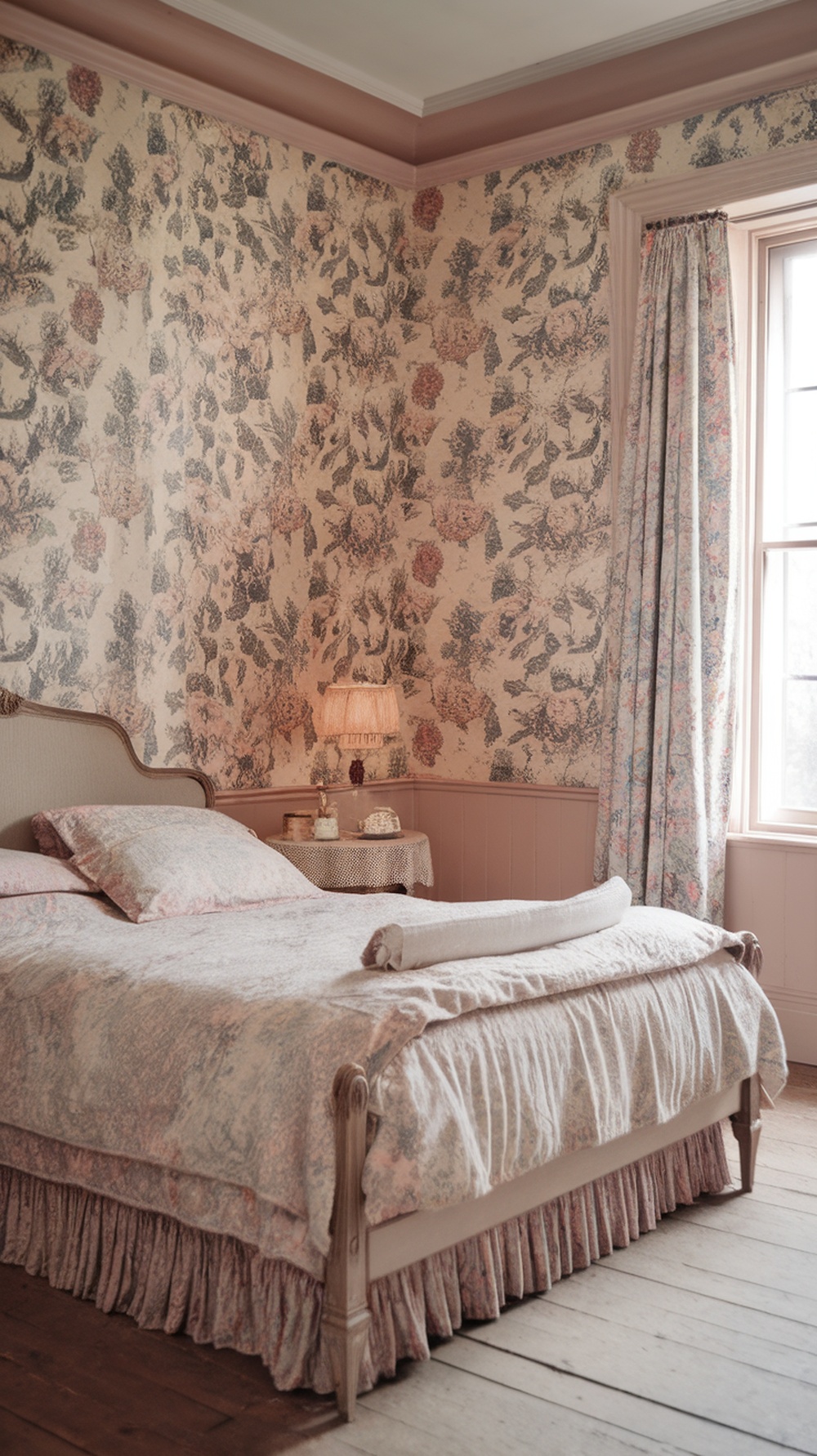 A vintage floral bedroom featuring floral wallpaper, a ruffled bedspread, and a cozy atmosphere.