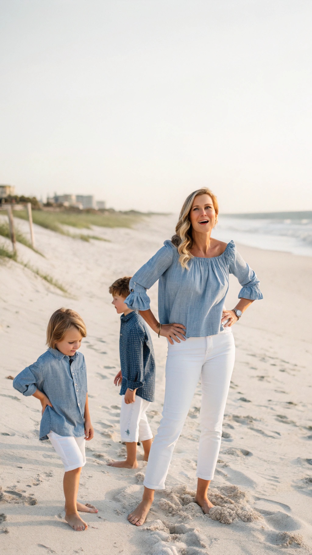 A family on the beach wearing chambray tops and white bottoms, enjoying a sunny day.