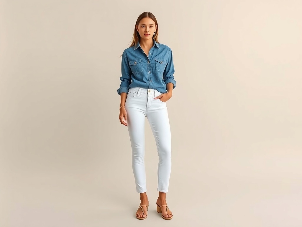 A woman wearing a chambray shirt and white jeans, standing casually with one hand on her hip.