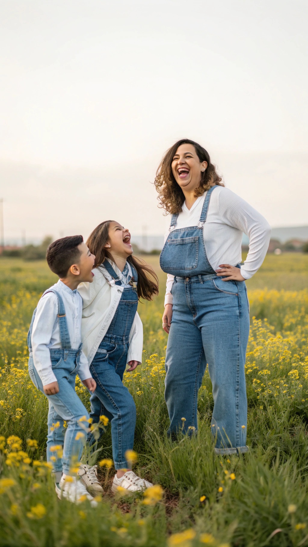 A family laughing in a field, wearing denim overalls and white tops.