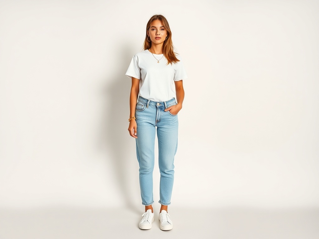 A woman wearing a classic white tee and light wash jeans, styled with white sneakers and delicate gold jewelry.