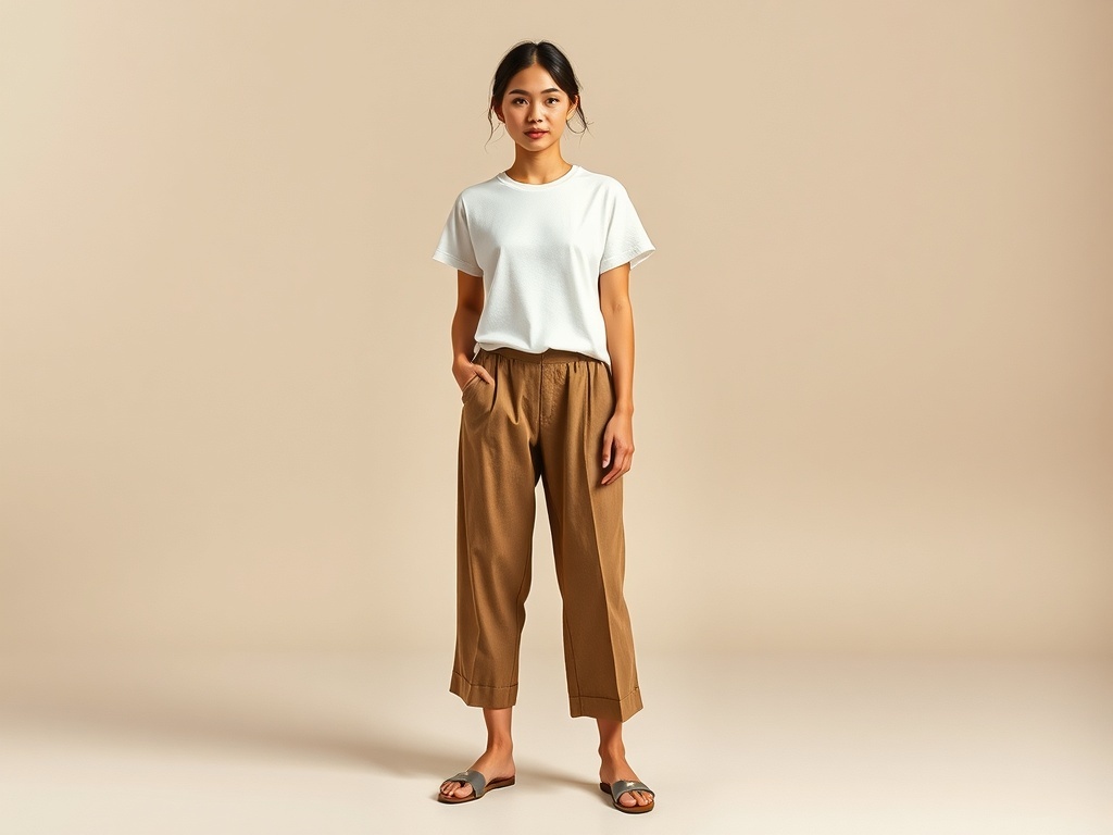 A woman wearing a white cotton tee and brown culottes, standing against a neutral background.