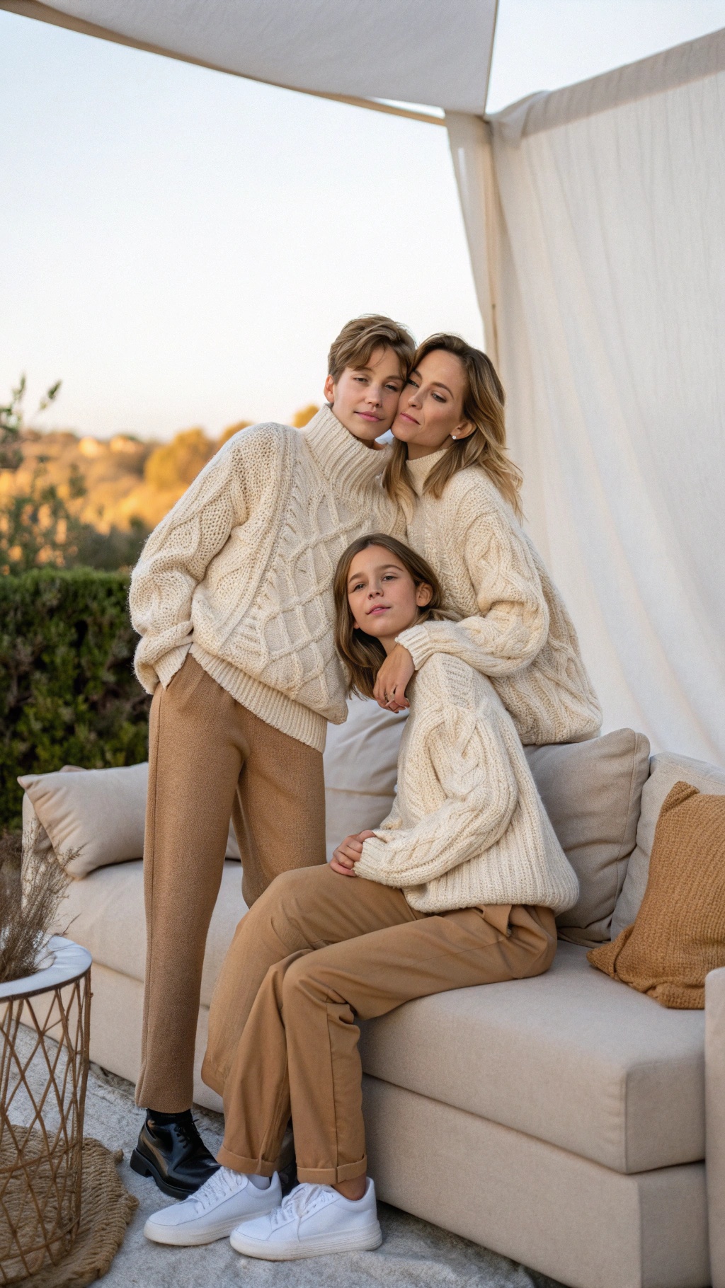 A family wearing cream cable knit sweaters and tan trousers, sitting together on a couch.