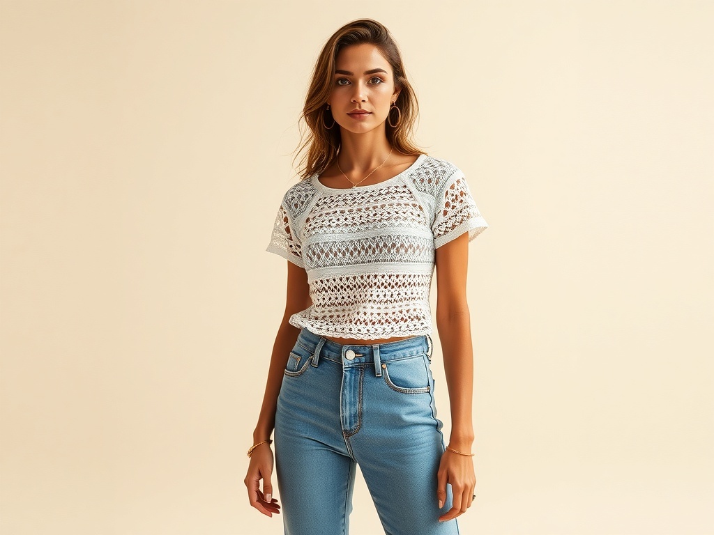 A woman wearing a crochet top and high-waisted jeans, showcasing a casual spring outfit.