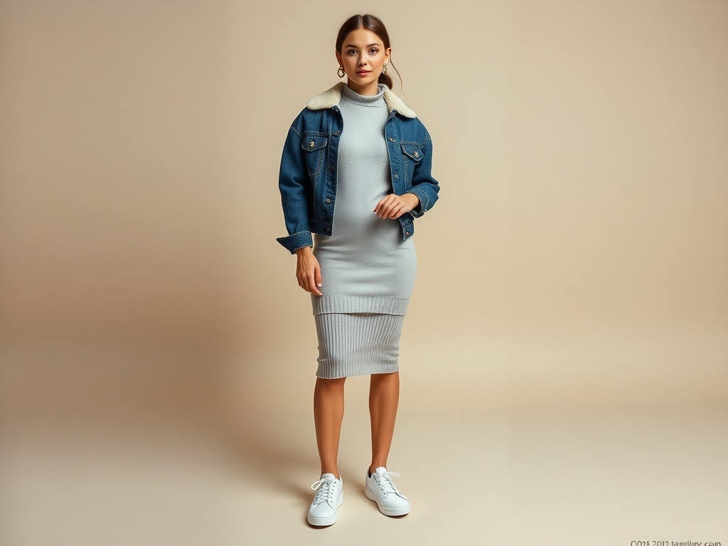A woman wearing a knit dress and a denim jacket, styled with white sneakers.
