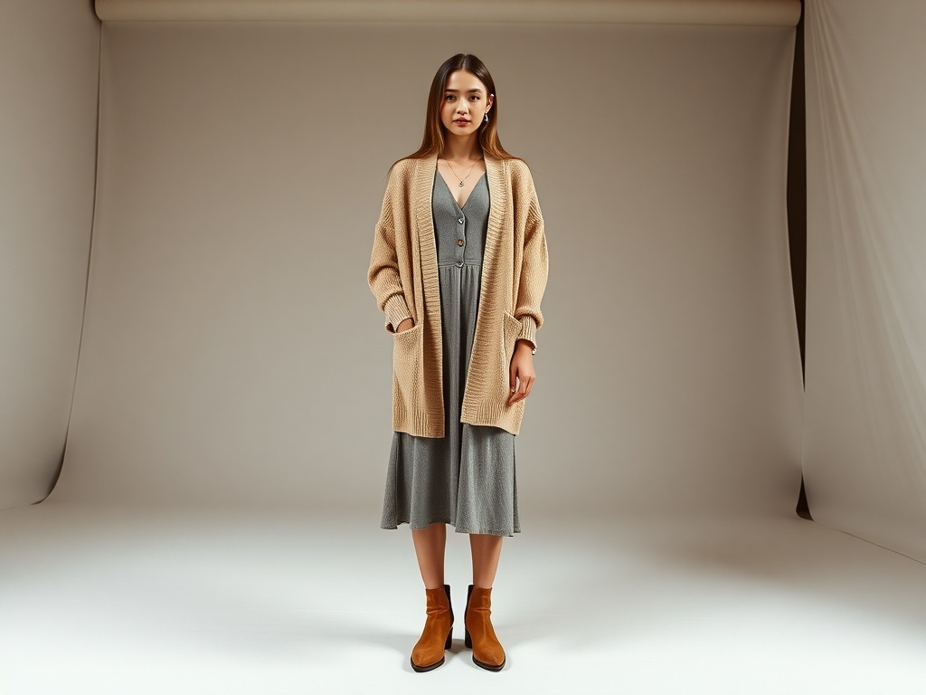A woman wearing a lightweight cardigan over a midi dress, standing confidently.