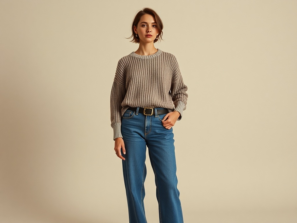 A woman wearing a lightweight sweater and wide-leg jeans, standing confidently against a neutral background.
