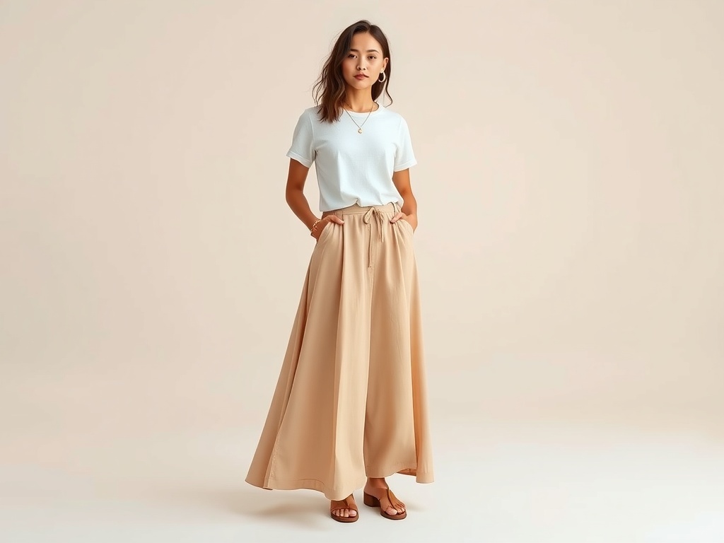 A woman wearing a graphic tee and a flowing maxi skirt, standing casually.