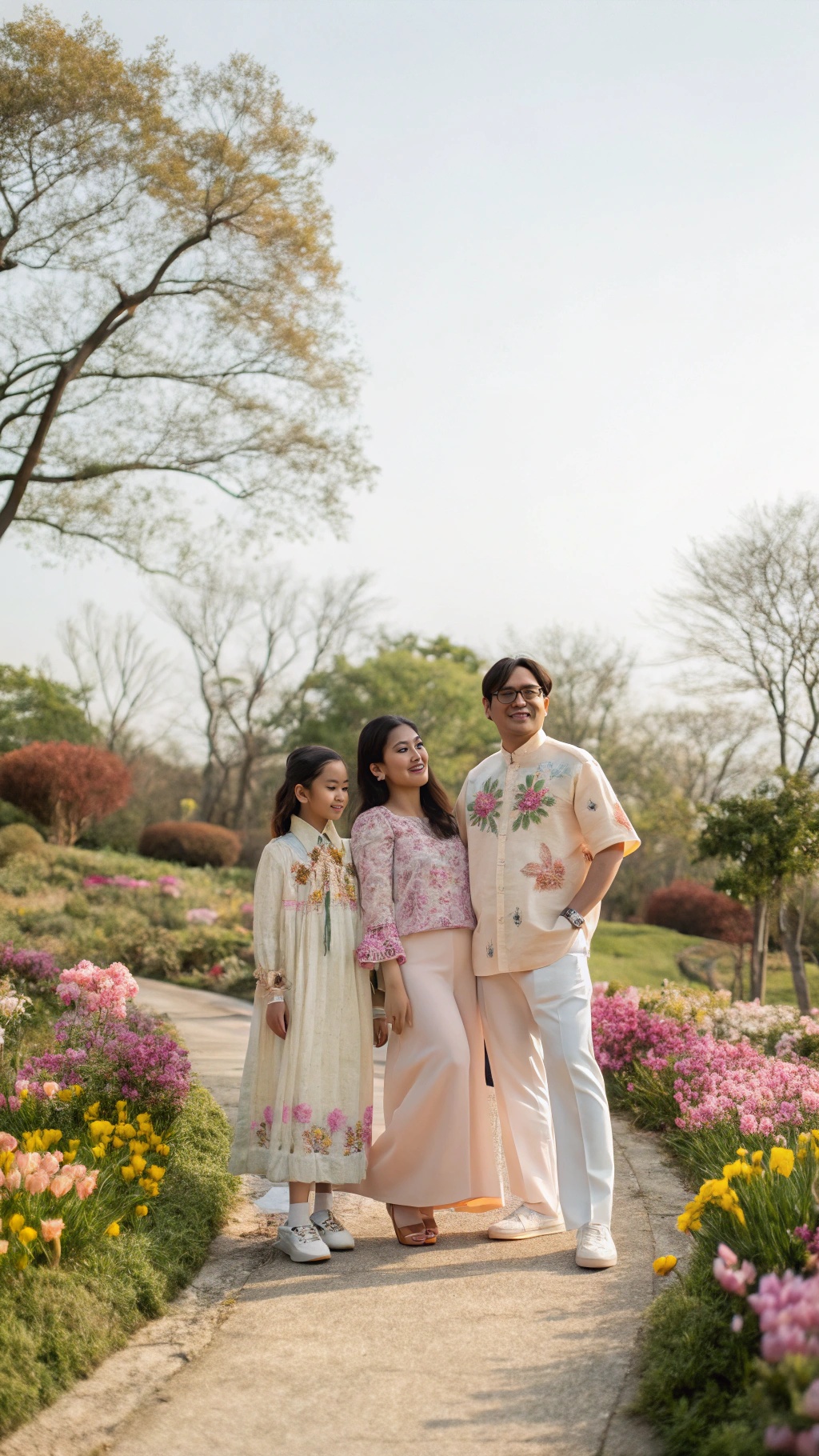 A family in pastel outfits surrounded by blooming flowers in a garden.