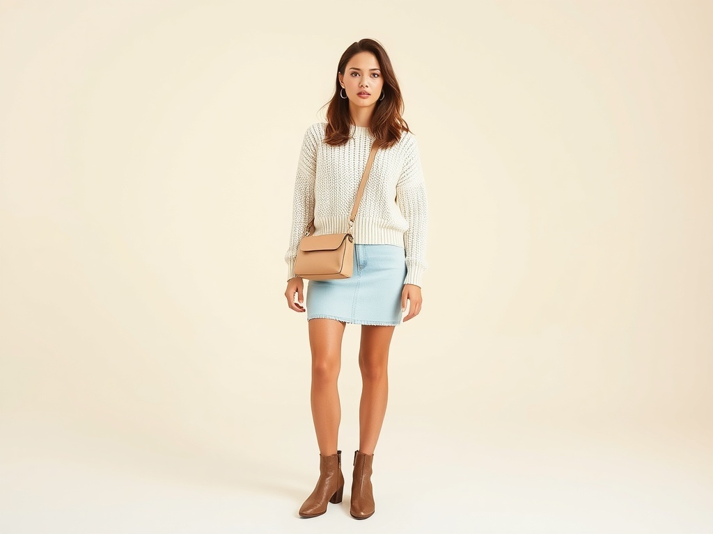 A woman wearing a pastel knit sweater and a light denim skirt, paired with ankle boots.