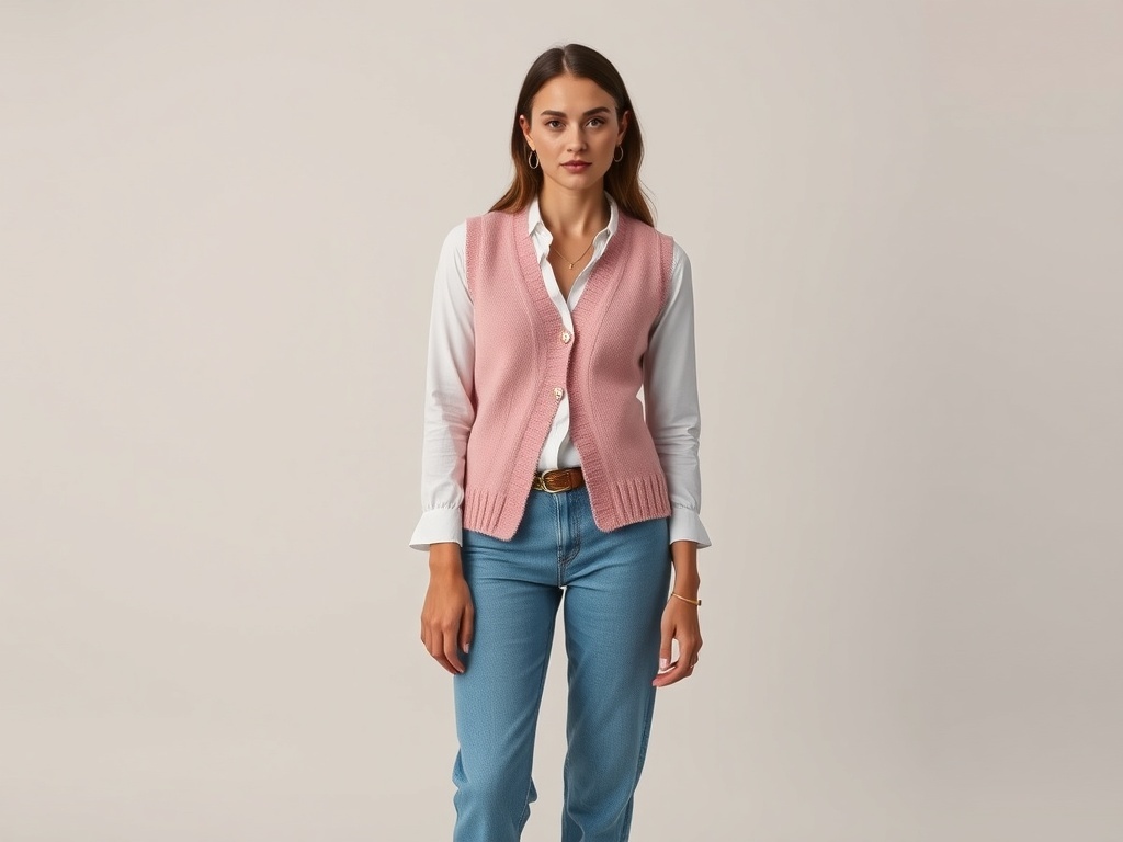 A woman wearing a pastel pink sweater vest over a white shirt, paired with light blue jeans.