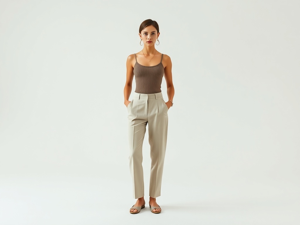 A woman wearing a ribbed tank top and tailored pants, showcasing a stylish and comfortable spring outfit.