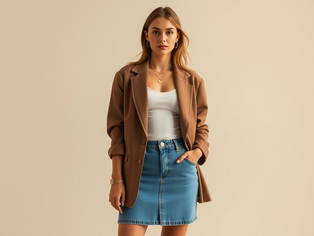 A woman wearing a soft blazer and denim skirt, showcasing a chic and casual spring outfit.