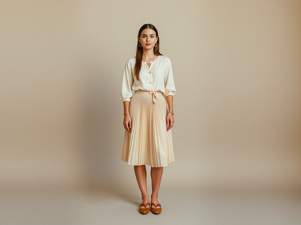 A woman wearing a soft blouse and pleated skirt, standing against a neutral background.