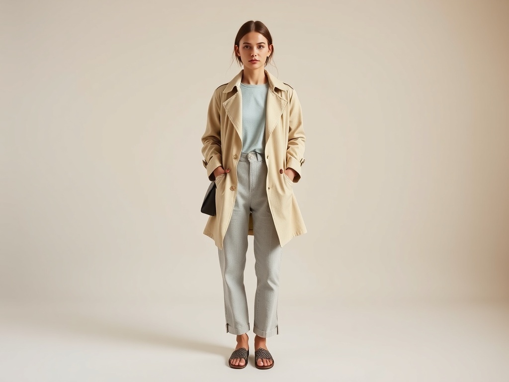 A woman wearing a beige trench coat over a light top and linen pants, paired with stylish sandals.