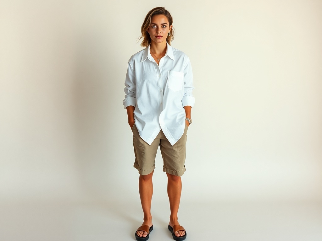 A woman wearing a white button-down shirt and khaki shorts, standing casually with her hands in her pockets.