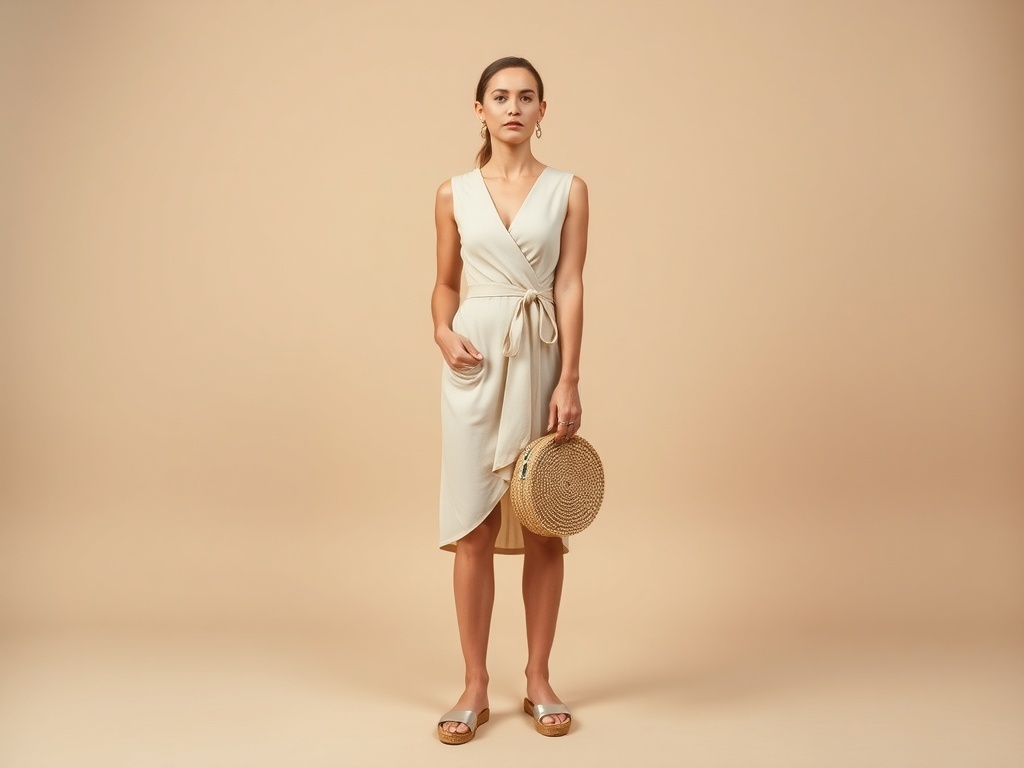 A woman wearing a wrap dress and espadrilles, standing confidently with a straw bag.