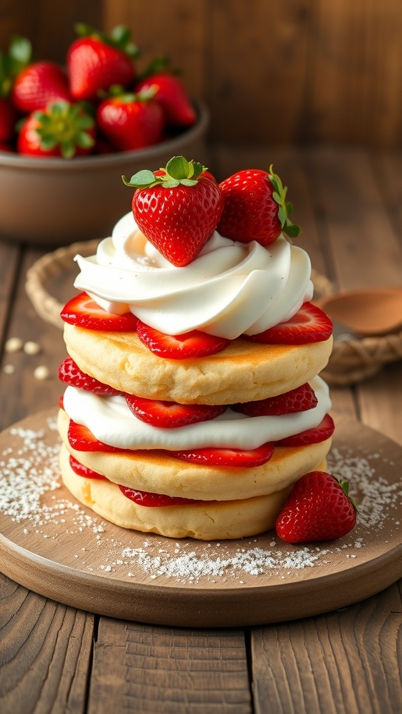 Aardbeien shortcake met slagroom, gestapeld op een houten bord met verse aardbeien op de achtergrond.