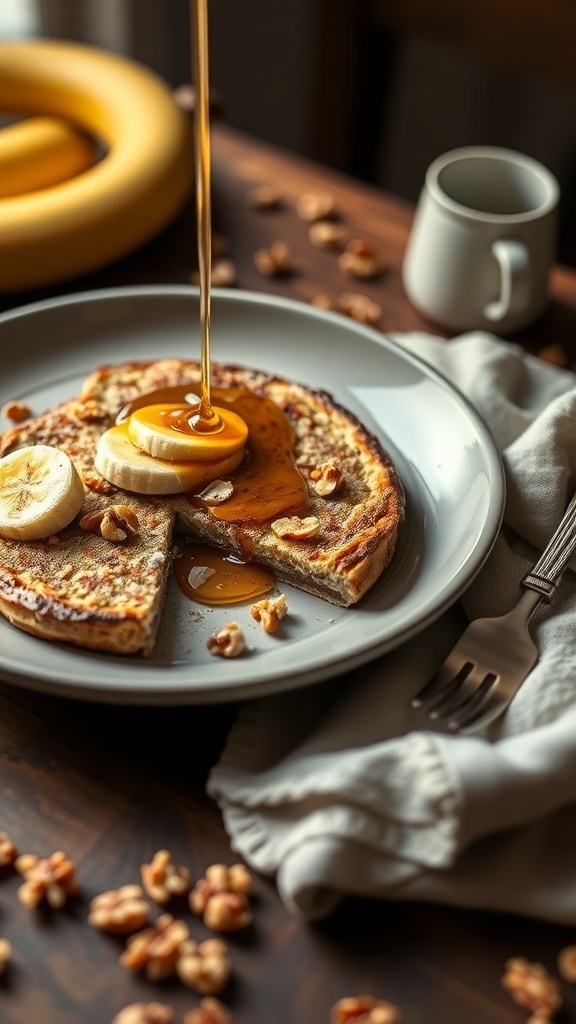 Bananen noten pannenkoeken met ahornsiroop en walnoten