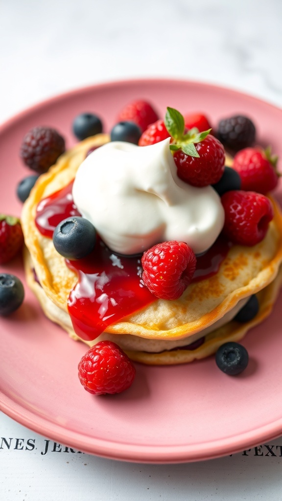 Een stapel pannenkoeken met bessen en slagroom op een roze bord