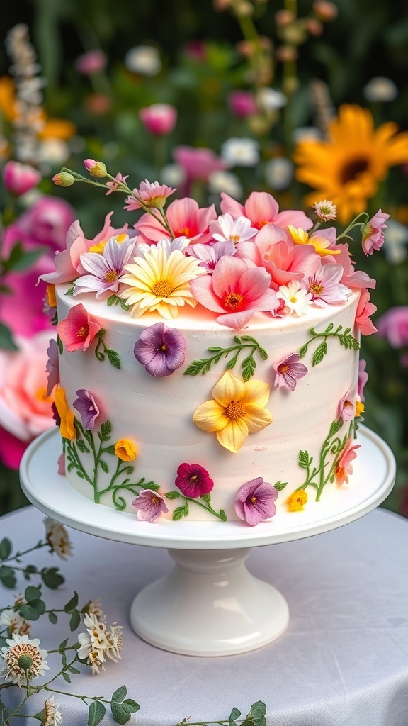 Een prachtige verjaardagstaart versierd met kleurrijke eetbare bloemen.