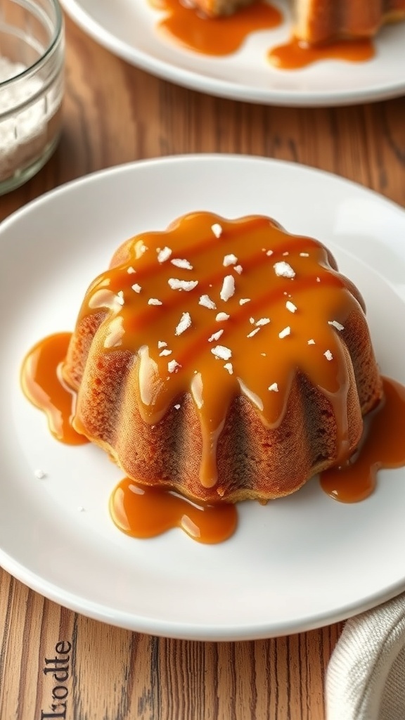 Een heerlijke Caramel en Zeezout Taart met glanzende karamel en zeezout bovenop, geserveerd op een bord.