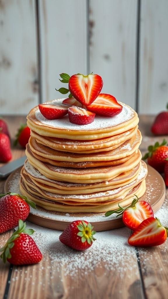 Stapels pannenkoeken met aardbeien en poedersuiker