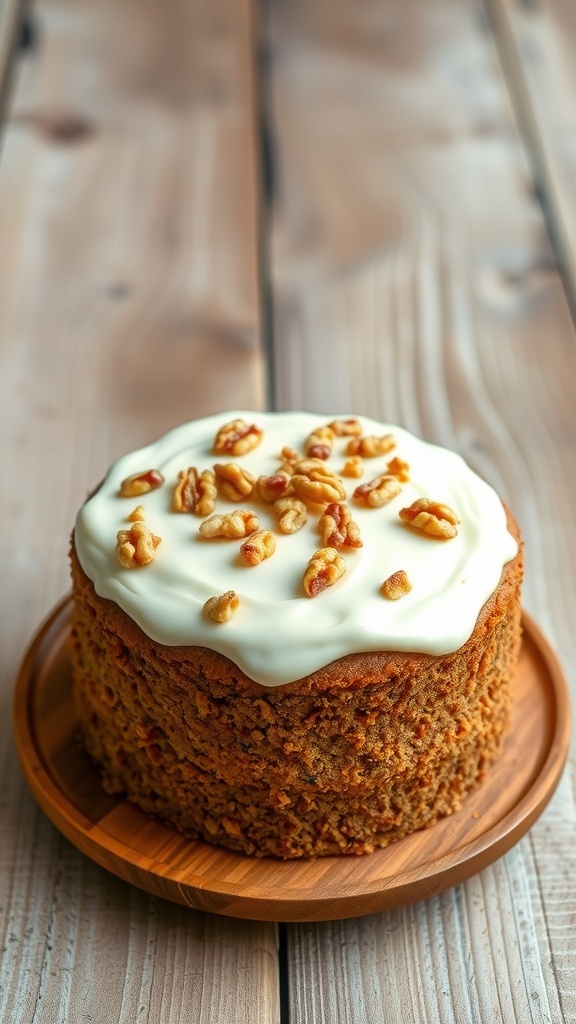Glutenvrije worteltaart met walnoten op een houten schaal