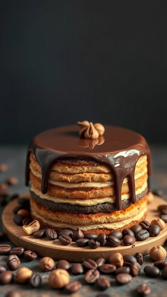 Een koffie en hazelnut taart met chocoladeglazuur en hazelnoten op een houten bord, omringd door koffiebonen.