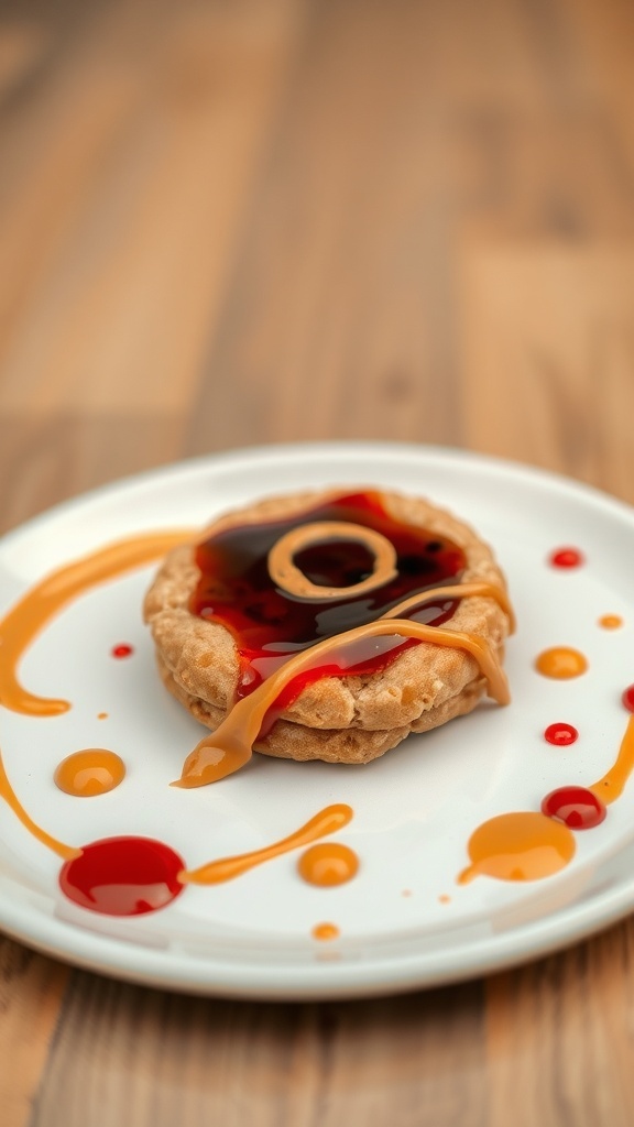 Een pannenkoek met pindakaas en jelly, geserveerd op een wit bord met kleurrijke sauzen.