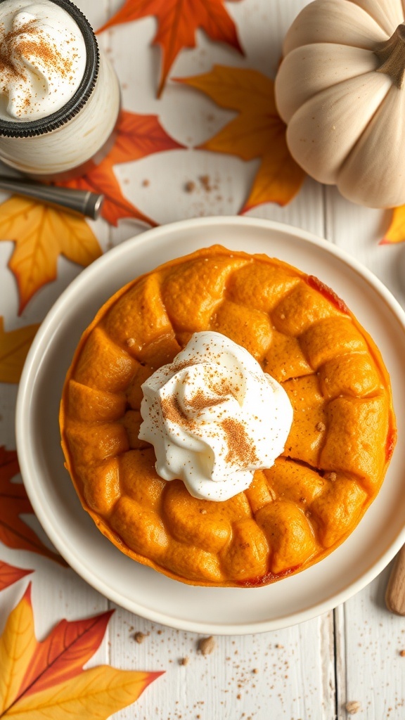Een bord met pompoen specerij pannenkoeken, getopt met slagroom en een snufje kaneel, omringd door herfstbladeren en een pompoen.