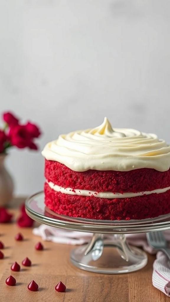 Een mooie Red Velvet Taart met romige cream cheese frosting, versierd met chocolade druppels.