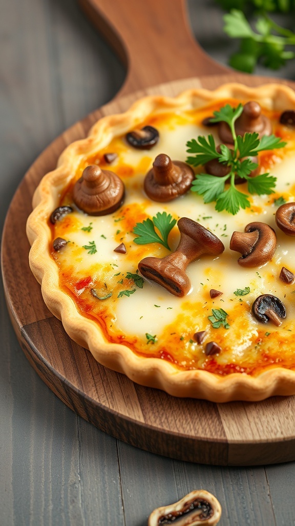 Hartige pannenkoeken met champignons en kaas op een houten snijplank