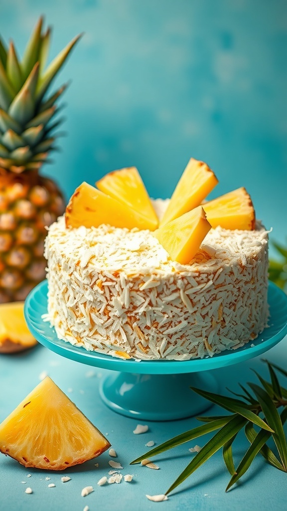 Tropische ananas en kokos taart met schijfjes ananas en kokosvlokken op een blauwe schaal