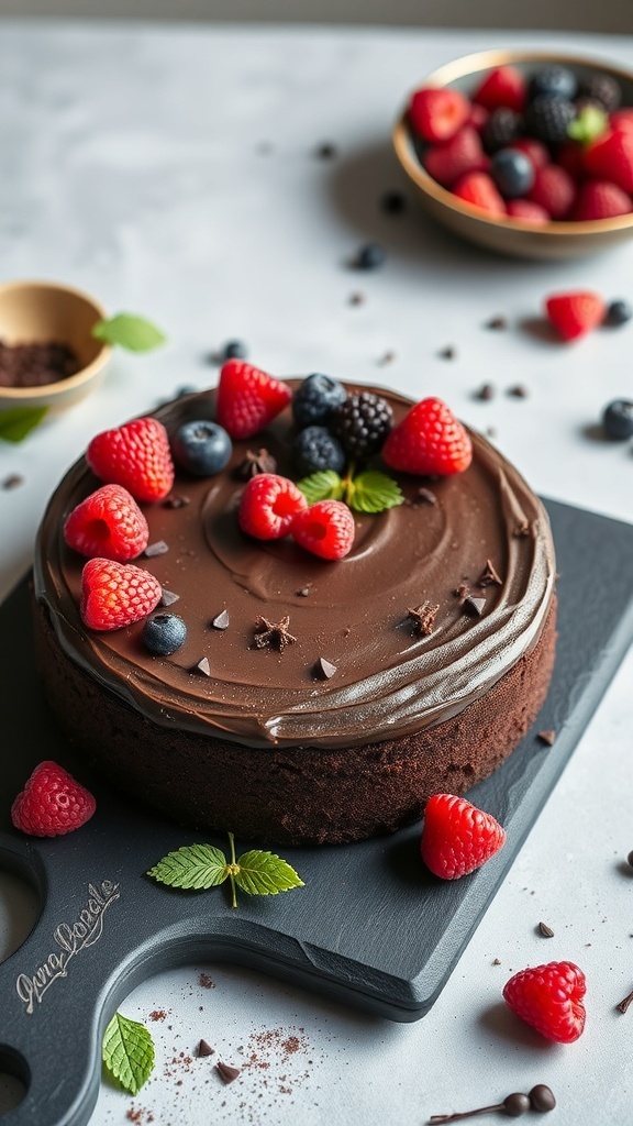 Vegan chocolade avocado taart met bessen en munt op een snijplank