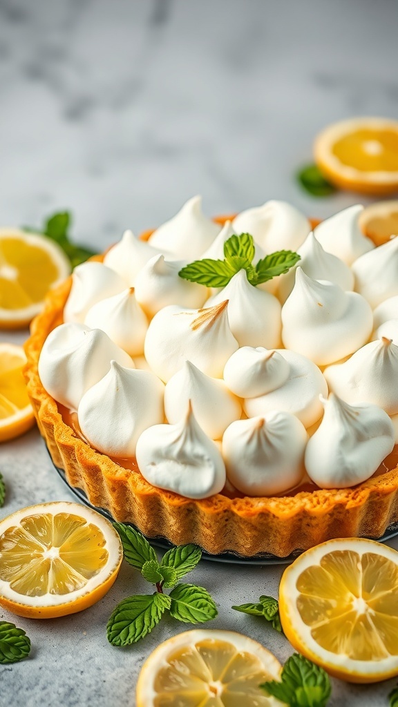 Zomerse Citroen Merengue Taart met merengue toefjes en schijfjes citroen