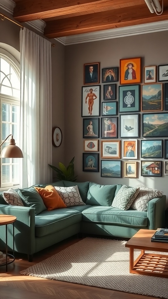 A living room featuring a green couch and an artistic gallery wall with various framed artworks.