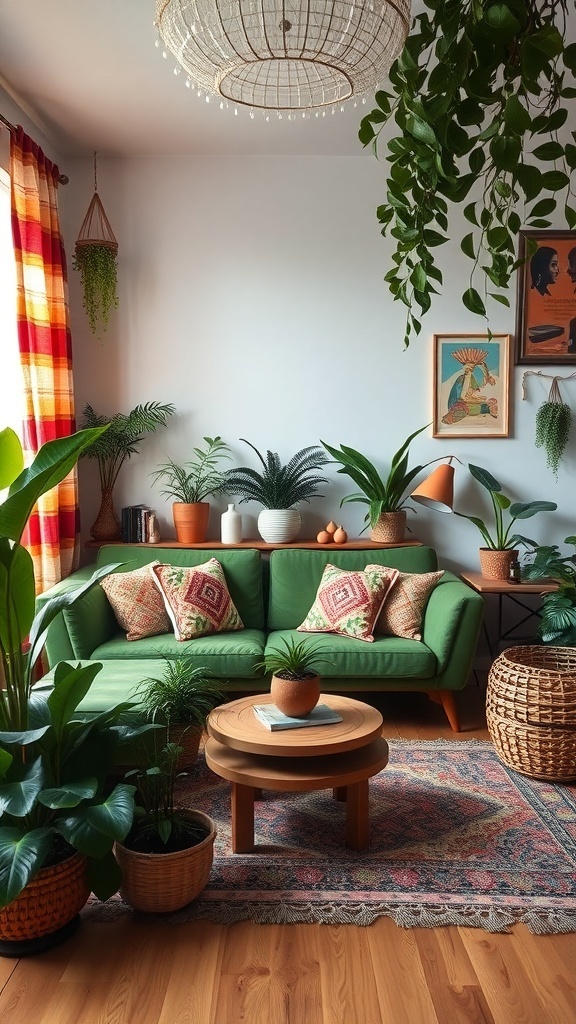 A cozy living room featuring a green couch surrounded by plants, colorful curtains, and warm decor.