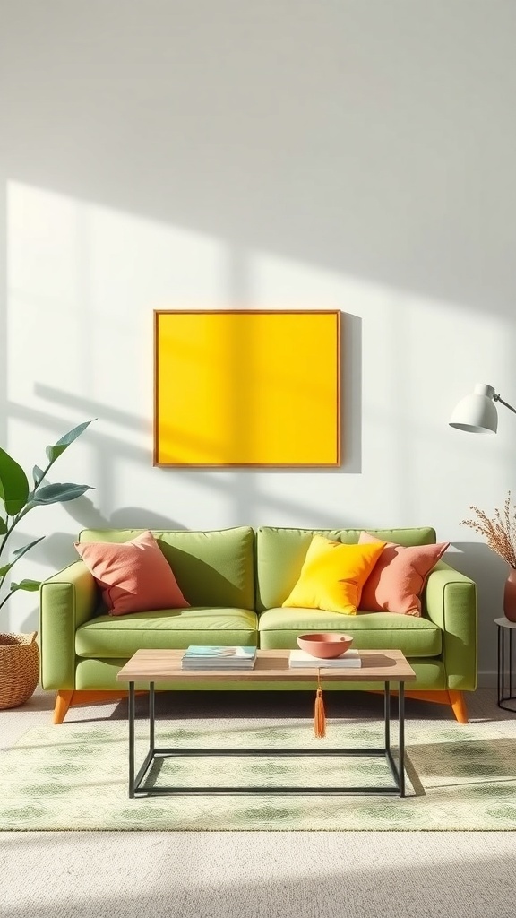 A bright living room featuring a green couch with colorful pillows, a yellow artwork, and a plant.