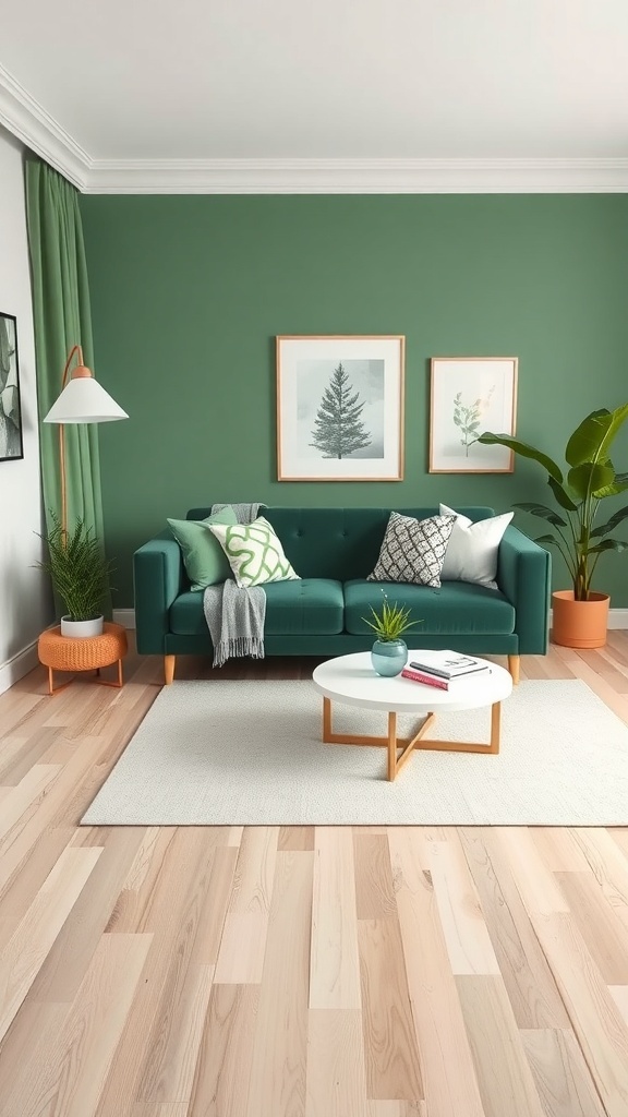 A stylish living room featuring a green couch, green walls, and decorative pillows, with wooden flooring and plants.