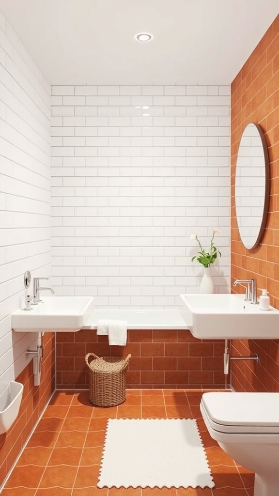A bathroom featuring terracotta tiles and white walls, showcasing a modern design.