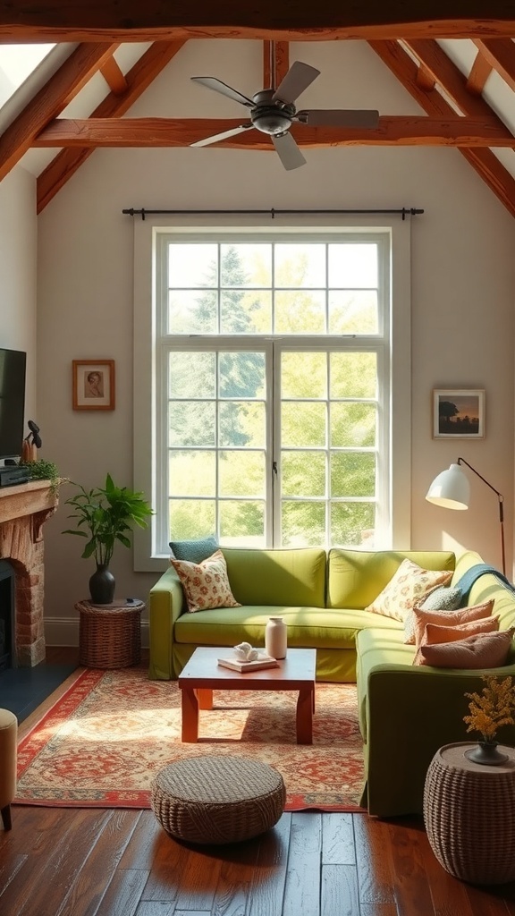 Cozy living room with a green couch, wooden beams, and large windows