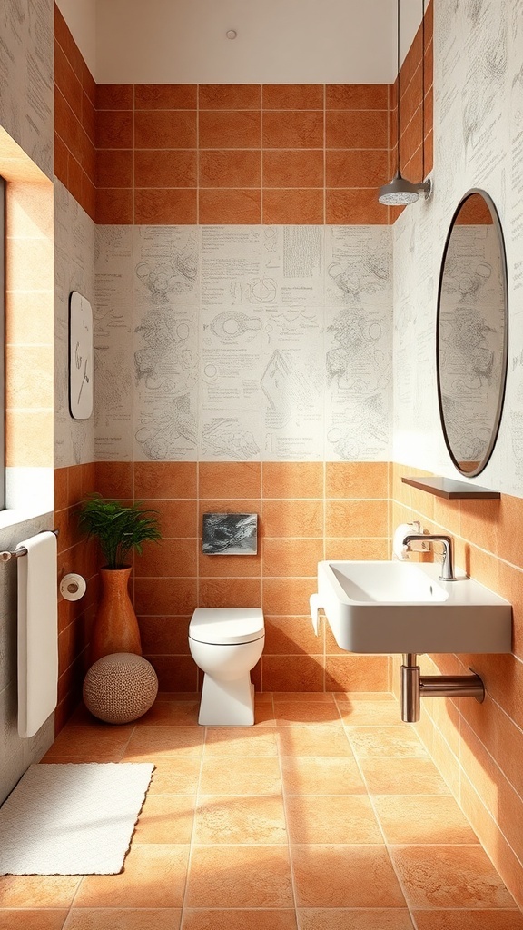 A modern bathroom featuring terracotta tiles and contrasting decor.