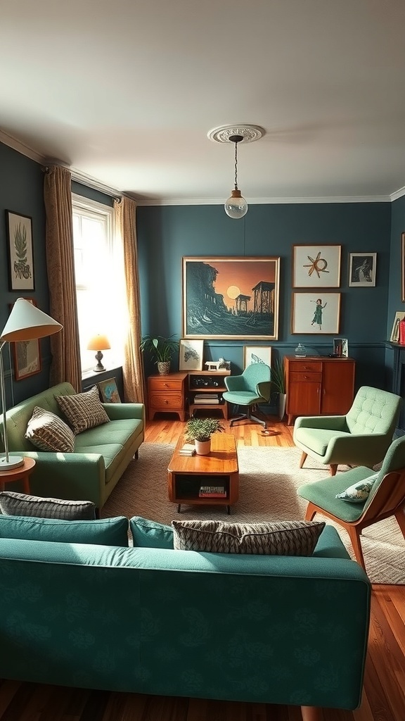 A cozy living room featuring green couches, vintage decor, and warm wood flooring.