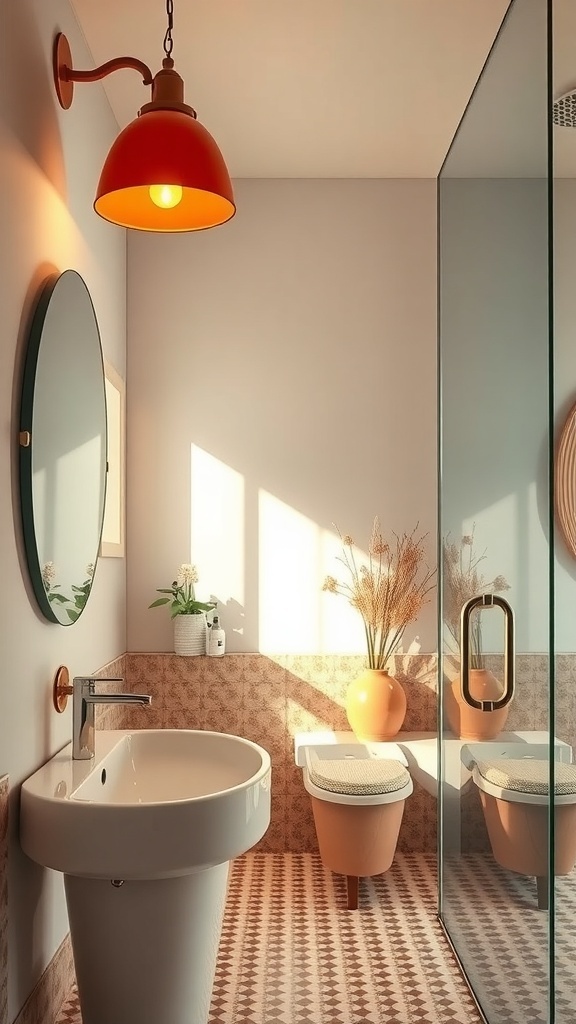 A stylish bathroom featuring terracotta lighting fixtures and a modern sink.