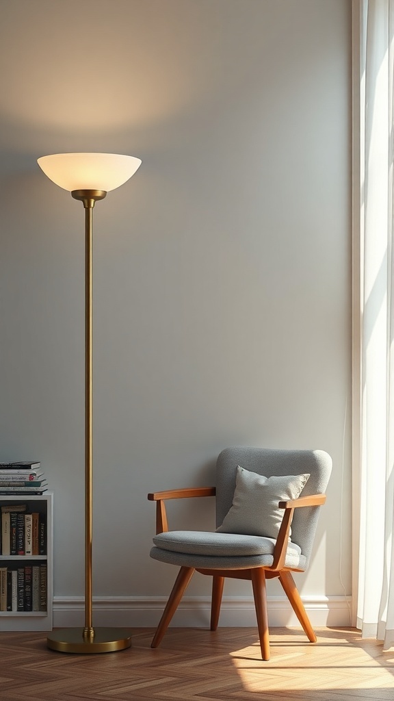 A minimalist floor lamp with a gold finish and white shade next to a cozy chair.