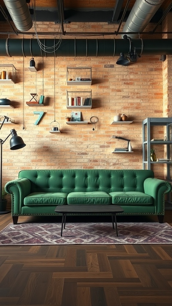 A green tufted couch in an industrial-style living room with exposed brick walls and metal accents.