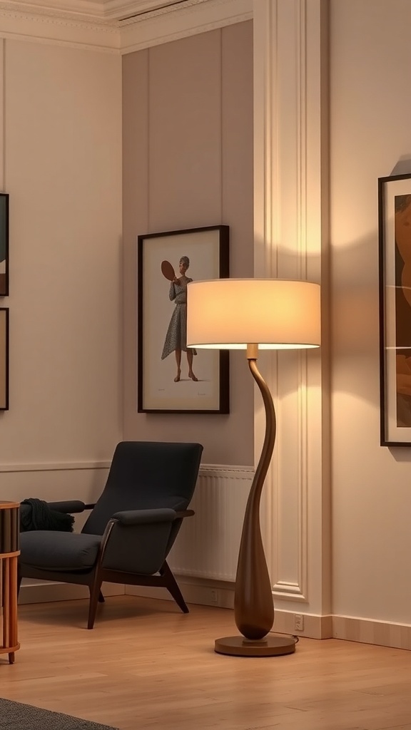 A stylish Mid-Century Modern lamp with a curvy silhouette beside a chair in a well-decorated room.